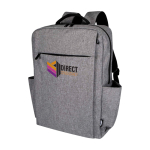 Mochila de poliéster reciclado con compartimento para PC 15” color gris jaspeado vista impresión transfer