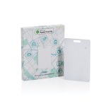 Tarjeta ultradelgada rastreadora para billetera con Find My color blanco vista con caja