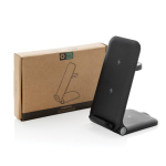 Cargador inalámbrico 3 en 1 de aluminio reciclable de 15W color negro vista con caja