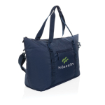 Bolsa térmica XL de RPET con dos asas y correa de hombro 30L color azul marino vista con logo