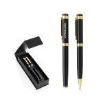 Set de bolígrafos latón reciclado con detalle dorado tinta azul color negro vista de impresión