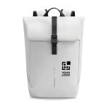 Mochila multiusos con tejido resistente al gua y solapa PC 16” color blanco roto vista de impresión