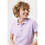 Polo piqué de algodón reciclado mujer casual fit 220 g/m2 Iqoniq color lila quinta vista con modelo