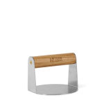 Prensa para hamburguesas de acero inoxidable y asa de madera color marrón vista de impresión