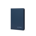 Portafolio eco con portabolígrafos y bolsillos A4 hojas a rayas color azul marino vista con logo