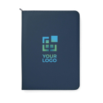 Portafolio eco con portabolígrafos y bolsillos A4 hojas a rayas color azul marino vista de impresión