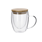 Taza de vidrio de doble pared con asa de vidrio y tapa de bambú 300ml color natural primera vista