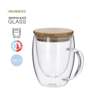Taza de vidrio de doble pared con asa de vidrio y tapa de bambú 300ml