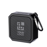 Pequeño altavoz cuadrado personalizable con mosquetón para transporte color negro vista de impresión