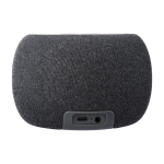 Pequeño altavoz redondo con detalles de bambú en la parte superior color negro segunda vista