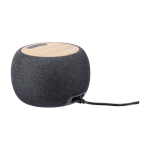 Pequeño altavoz redondo con detalles de bambú en la parte superior tercera vista