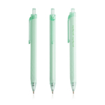 Bolígrafo triangular de plástico con detalles transparentes tinta azul color verde menta vista con logo impreso