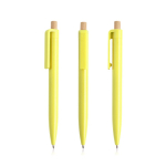Bolígrafo de plástico reciclado con botón de bambú tinta azul color amarillo