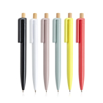 Bolígrafo de plástico reciclado con botón de bambú tinta azul vista con varios colores