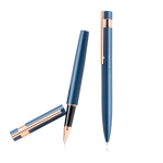 Juego de bolígrafo y roller con detalles en oro rosa tinta negra color azul marino vista 3