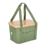 Cesta de picnic con tapa de madera y bolsa nevera en el interior color verde oliva tercera vista