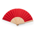 Abanico de colores con tela de poliéster y varillas de madera para empresas color rojo primera vista de uso