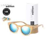 Gafas de bambú con lentes efecto espejo en bolsa con cierre de cordón color madera primera vista