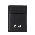 Tarjetero de piel de cabra con 3 bolsillos de lado y uno principal color negro vista de impresión