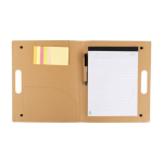 Carpeta de cartón con material de escritura y asa de transporte color marrón cuarta vista