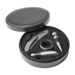 Set de vino en estuche circular con 4 accesorios de acero inoxidable color negro