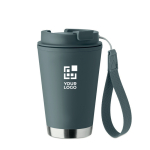 Vaso de doble pared para llevar con correa de RPET 300ml color negro mate vista de impresión