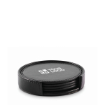 Set de 4 posavasos y un porta posavasos a juego de cuero sintético color negro vista de impresión