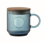 Taza original de cristal estriado con tapa de madera de acacia 300ml color azul transparente