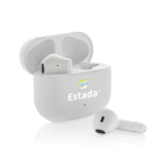Auriculares reciclados con micrófono integrado y carga rápida BT 6.0 color blanco vista con logo