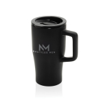Taza premium de cerámica con asa ergonómica y tapa antigoteo 490 ml color negro vista con logo