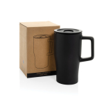 Taza premium de cerámica con asa ergonómica y tapa antigoteo 490 ml color negro vista con caja