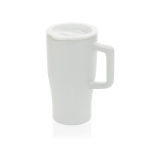 Taza premium de cerámica con asa ergonómica y tapa antigoteo 490 ml color blanco