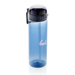 Botella deportiva en RPET con tapa antigoteo y pajita 800 ml color azul marino vista con logo