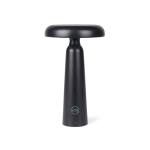 Lámpara de mesa reciclada con luz cálida y blanca regulable por tacto color negro vista con logo