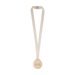 Medalla de madera con cordón de algodón con hebilla de seguridad color marrón vista de impresión