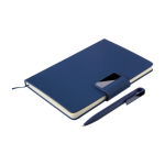 Libreta de PU reciclado con hojas a rayas A5 y bolígrafo tinta azul primera vista