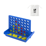 Juego cuatro en raya de plástico rojo y amarillo con fichas en bolsas color azul vista de impresión