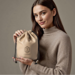 Neceser tipo bolsa hecho de cuero sintético y cierre de cordones color beige cuarta vista