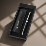 Bolígrafo de metal con elegante estuche de cuero sintético tinta azul color negro vista detalle 3