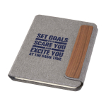 Portafolio ecológico con cierre de madera de nogal A5 hojas a rayas color gris vista impresión serigrafía