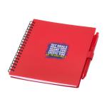 Libreta de plástico reciclado con bolígrafo con soporte tinta azul color rojo vista impresión tampografía