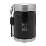 Tarro de comida con cubiertos y tapa aislante con válvula 400ml color negro mate vista impresa logo 2
