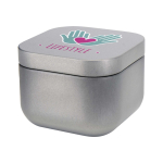 Vela aromática en lata cuadrada con aroma de vainilla 50g color plateado mate vista impresión tampografía