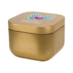Vela aromática en lata cuadrada con aroma de vainilla 50g color dorado vista impresión tampografía