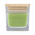 Vela aromática en tarro de vidrio con tapa de bambú 40g color verde esmeralda segunda vista frontal
