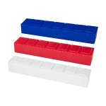 Pastillero multivitamínico con siete compartimentos etiquetados color azul segunda vista varios colores