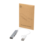 Hub de aluminio reciclado con 4 puertos de carga y transferencia color plateado tercera vista