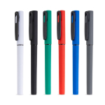 Roller reciclado con cuerpo gomoso y escritura suave tinta negra vista con varios colores