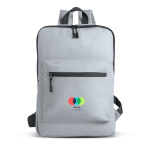 Mochila de piel PU con diseño fino y acabado elegante 15.6” vista con logo impreso