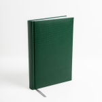 Agenda diaria con cinta plateada en español y portugués y cubierta de PU A5 color verde oscuro vista de ambiente
